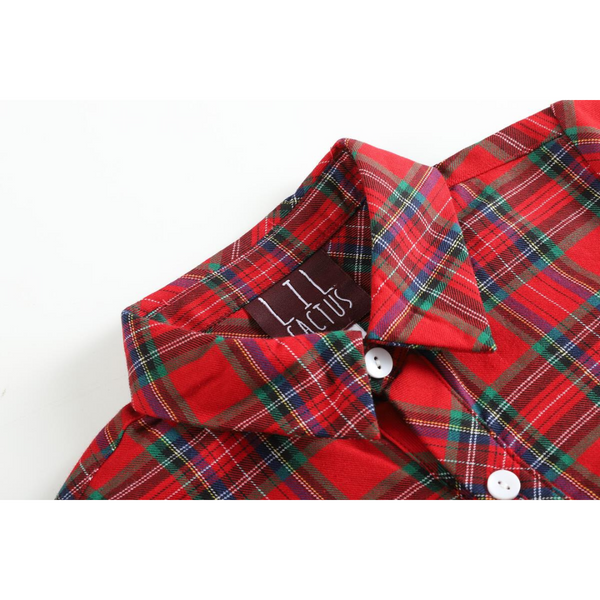 Close-up of the shirt's collar showing detailed red and green plaid pattern and white buttons with "Lil Cactus" label.