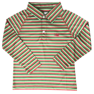 long sleeve red with two shades of green stripe  collared polo made of performance fabric