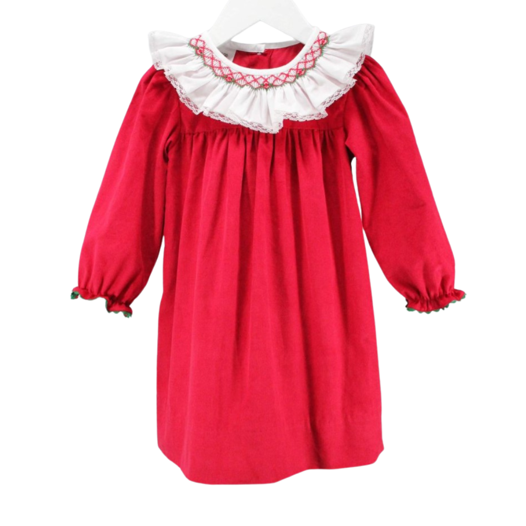Red corduroy long sleeve dress with white ruffled smocked collar and green-trimmed cuffs displayed on a hanger