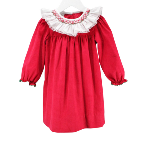 Red corduroy long sleeve dress with white ruffled smocked collar and green-trimmed cuffs displayed on a hanger