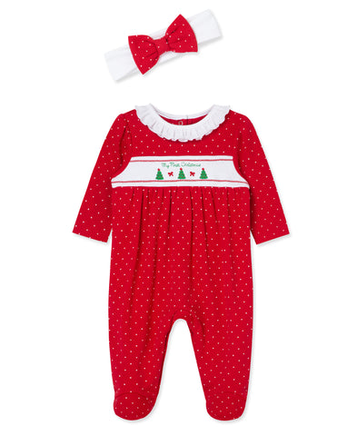 red footie dotted with white with a matching headband and stitched christmas trees on the front