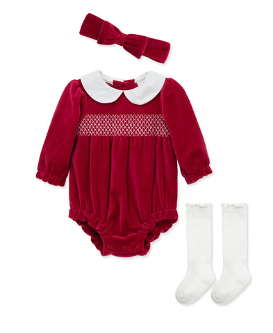 red bubble with a matching headband and white knee high socks