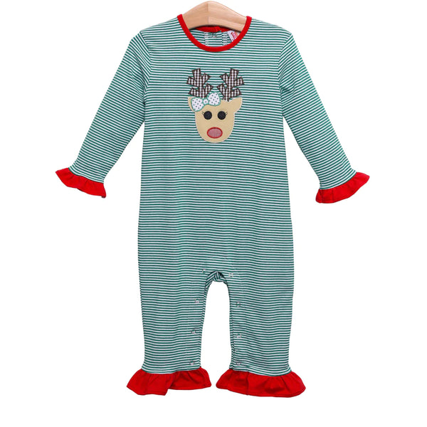 green and white stripe ruffle leg romper trimmed in red with a festive reindeer applique with a bow in her antlers.
