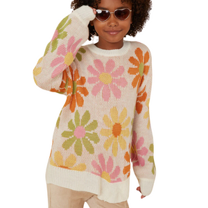 oversized girls sweater with retro style large daisies in cream, pink, yellow, green