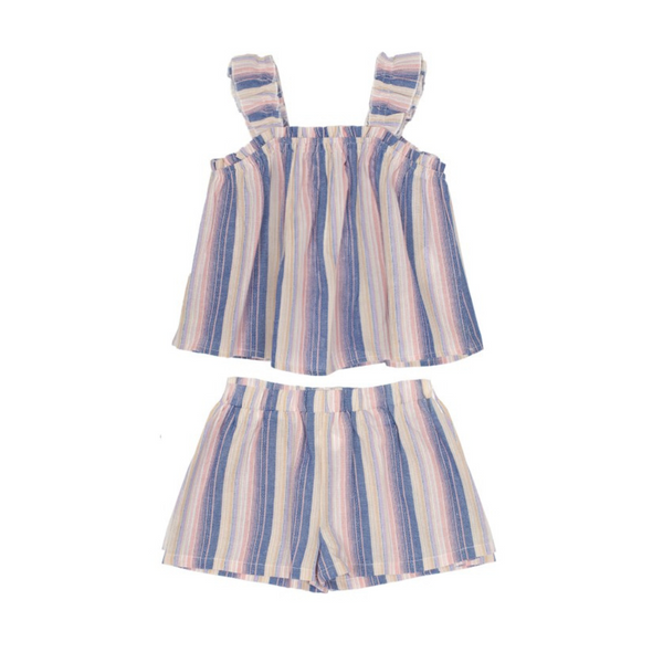 pink, white, and blue vertical striped two piece daywear set