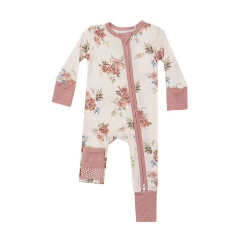 cream and pink two way zipper romper with roses