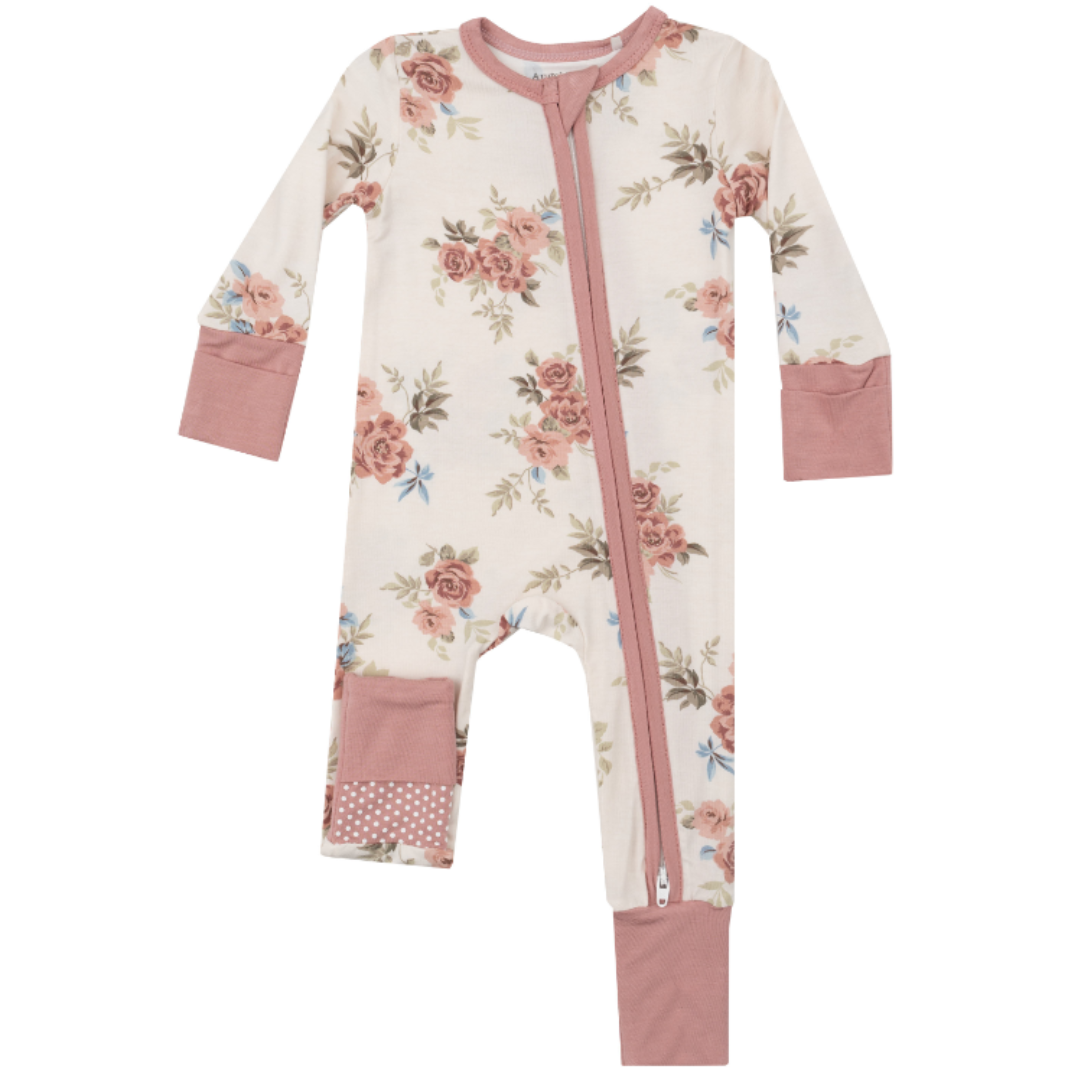 cream and pink two way zipper romper with roses