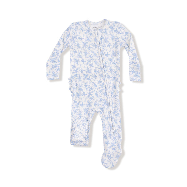 Front view of a baby zipper footie in a blue floral and bow print with long sleeves and full-length zipper