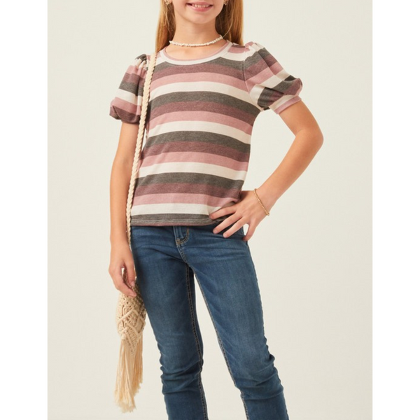 soft knit puff sleeve tee in stripes of mauve, plum, grey and cream
