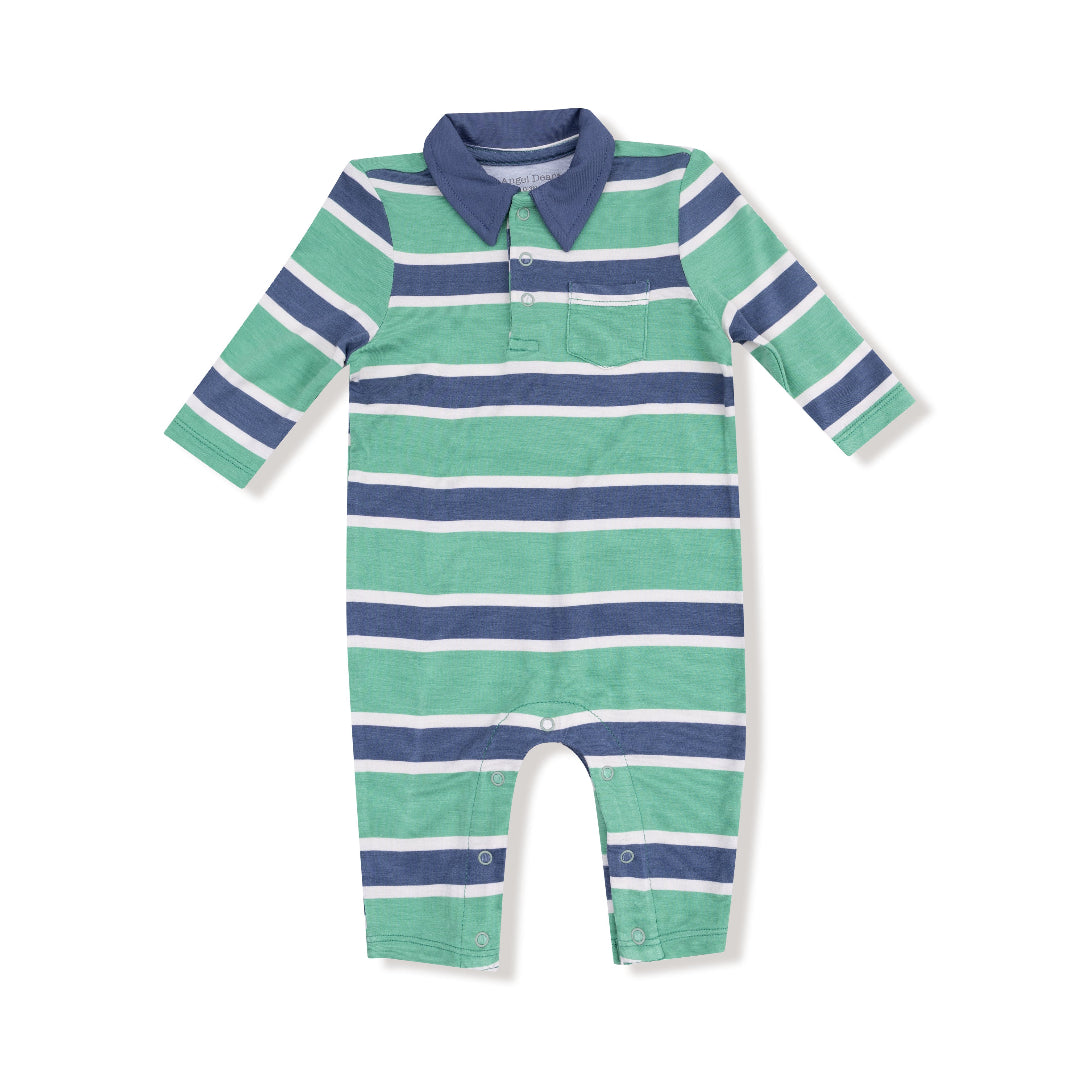Front and back view of a green, navy, and white striped baby romper with long sleeves, a polo collar, and snap closures.

