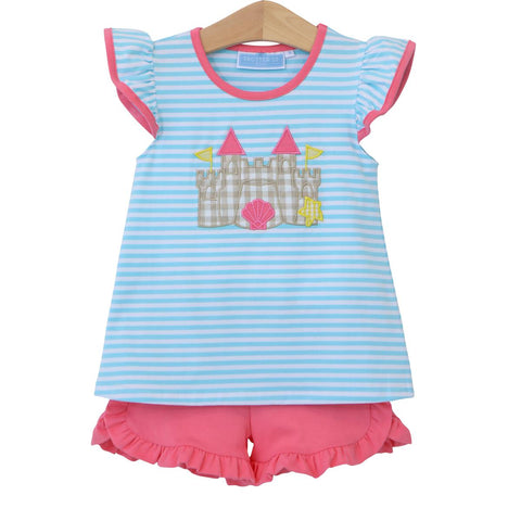 blue striped shirt with sand castle applique and matching pink ruffled hem shorts