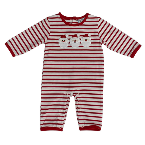red and white knit baby boy romper with triple Santa applique