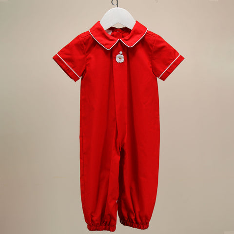 red little boys romper with santa on the bodice
