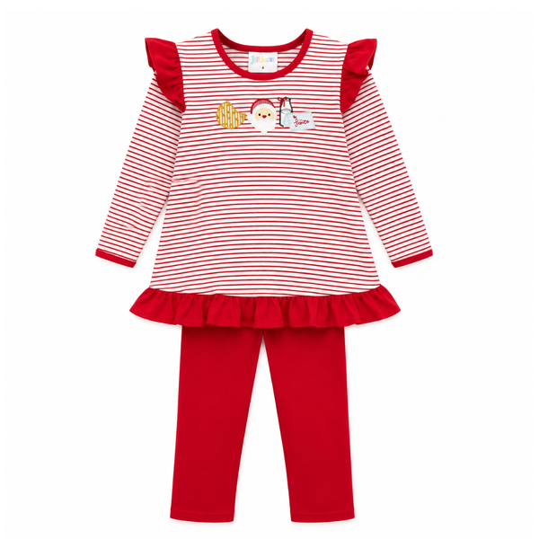 Girls red and white striped Christmas tunic with flutter sleeves, embroidered Santa, cookie and milk design, ruffle hem, and solid red leggings.