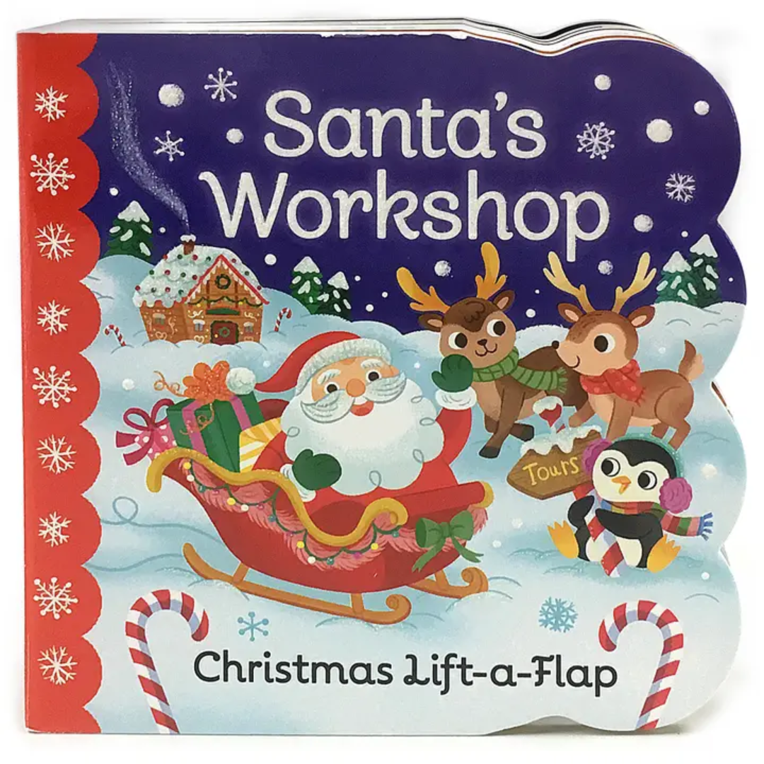 Cover of “Santa’s Workshop” Christmas lift-a-flap book featuring Santa in a sleigh with reindeer and a penguin in snowy North Pole scenery.