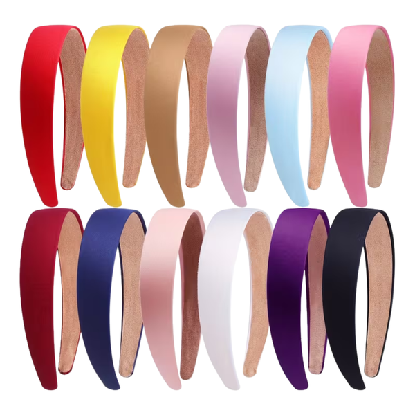 Assorted wide satin headbands in red, yellow, tan, pink, blue, burgundy, navy, white, purple, black and other colors.