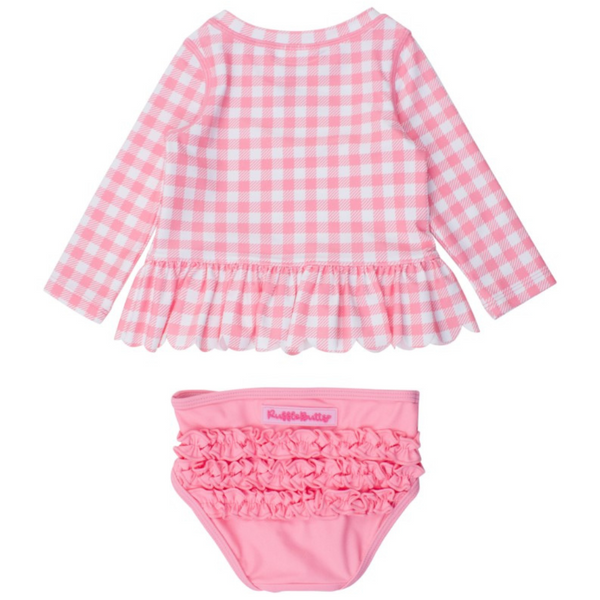 pink gingham long sleeve top with matching pink bottoms
