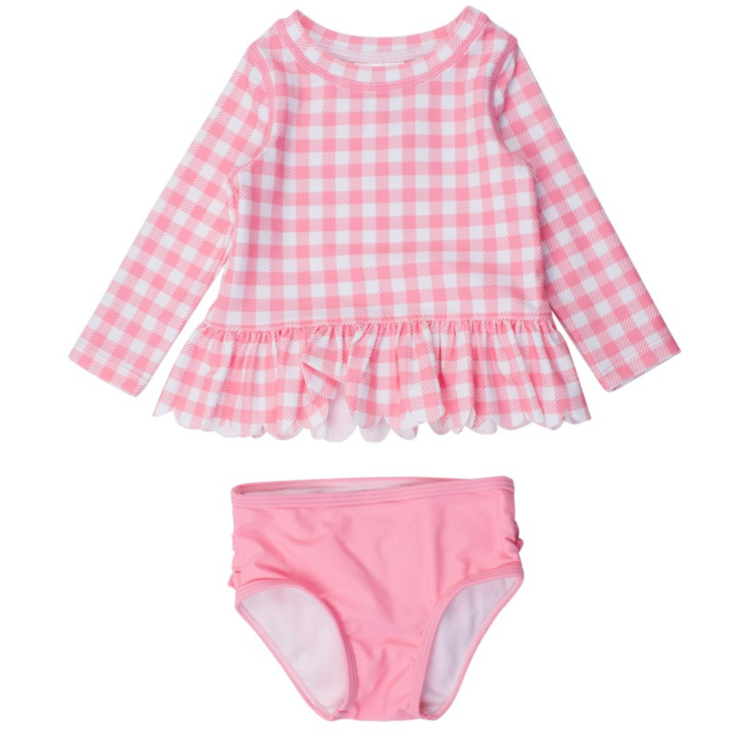 pink gingham long sleeve top with matching pink bottoms
