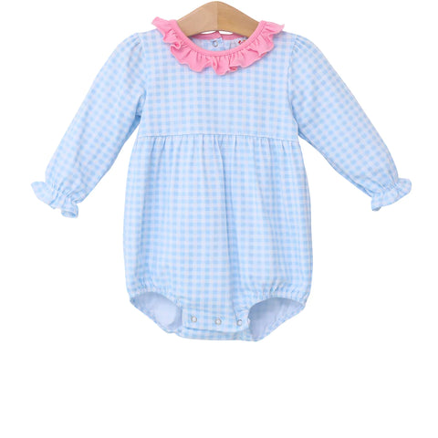 Blue Gingham bubble with pink ruffles on the collar