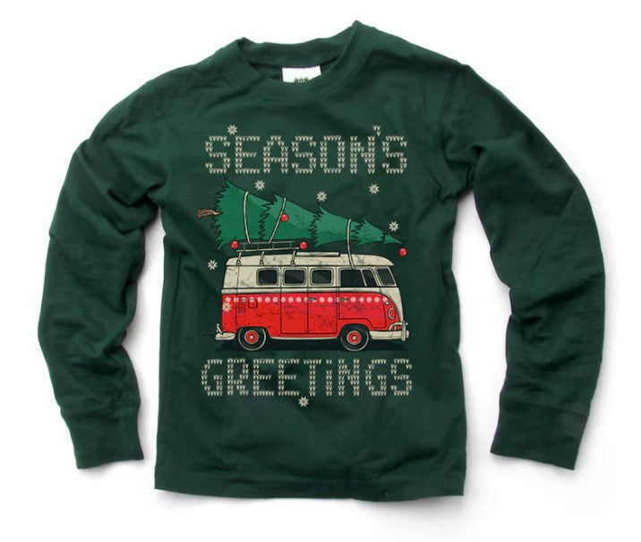 Green christmas shirt long sleeve with a van carrying a tree
