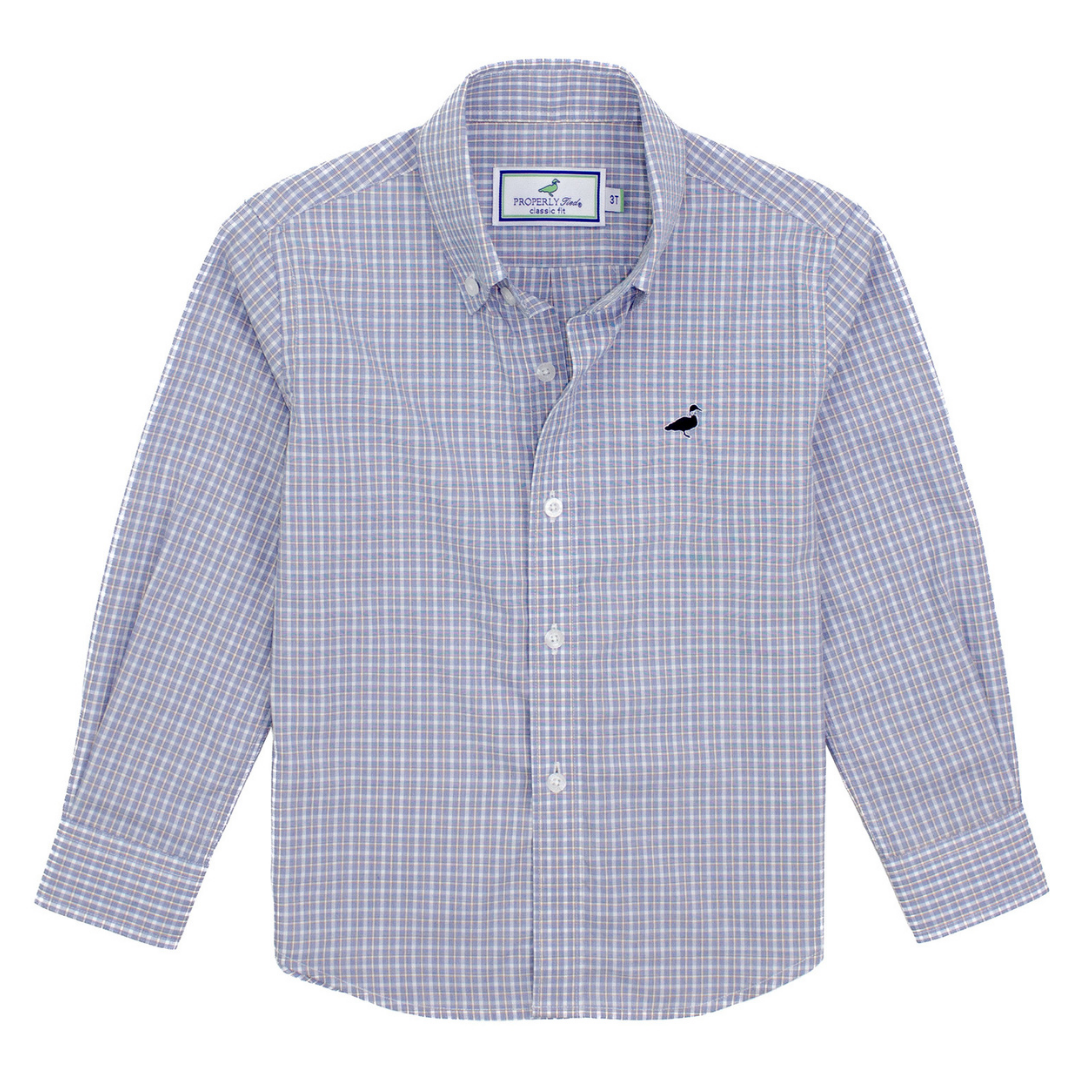 Boys’ long sleeve button-down shirt in blue and lavender plaid with embroidered black duck logo on the chest

