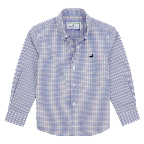 Boys’ long sleeve button-down shirt in blue and lavender plaid with embroidered black duck logo on the chest

