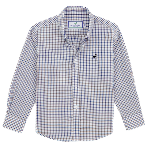 Boys’ button-down shirt in navy, brown, and white plaid with embroidered black duck logo on the chest

