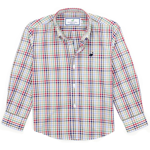 Boys’ long sleeve button-down shirt in multicolor autumn plaid with embroidered duck logo on the chest

