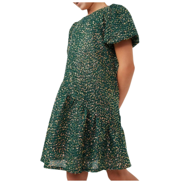 green sequin dress, puff short sleeves with an asymmetrical ruffle hem