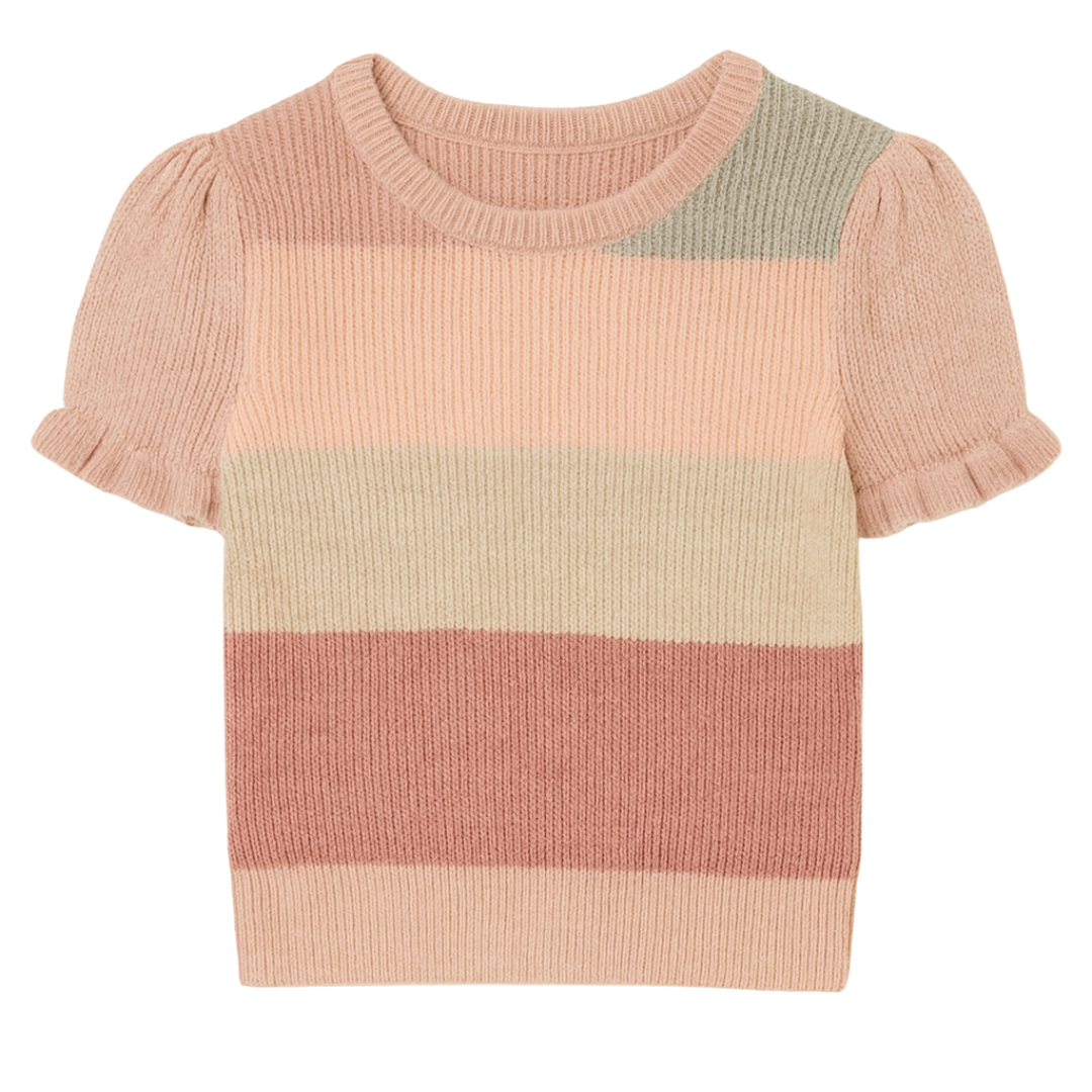 Short-sleeve girls’ knit sweater with wide pastel stripes and ruffled puff sleeves in soft peach and blush tones.
