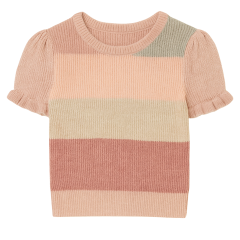 Short-sleeve girls’ knit sweater with wide pastel stripes and ruffled puff sleeves in soft peach and blush tones.