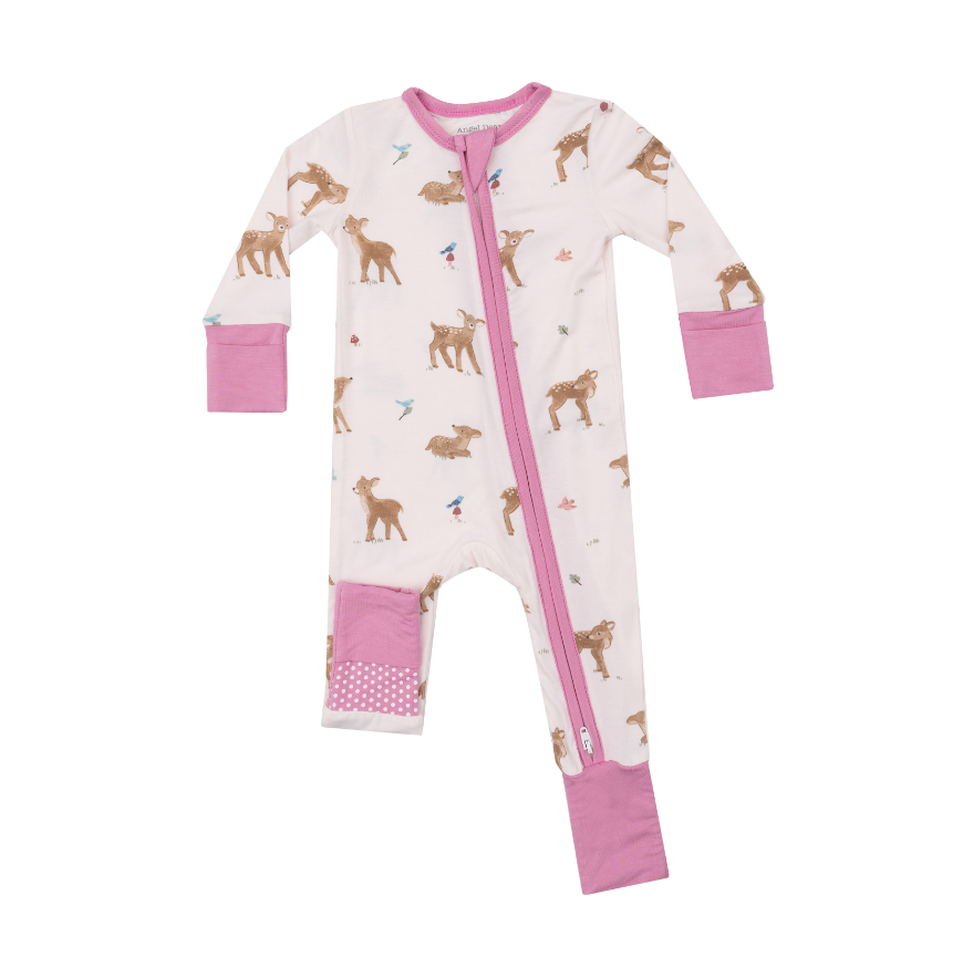 pink two way zipper romper with deers