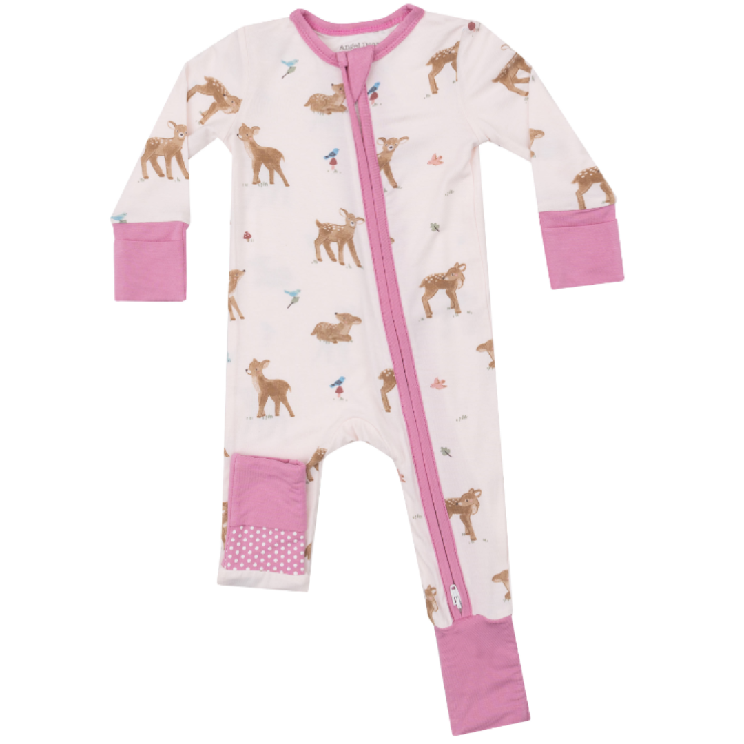 pink two way zipper romper with deers