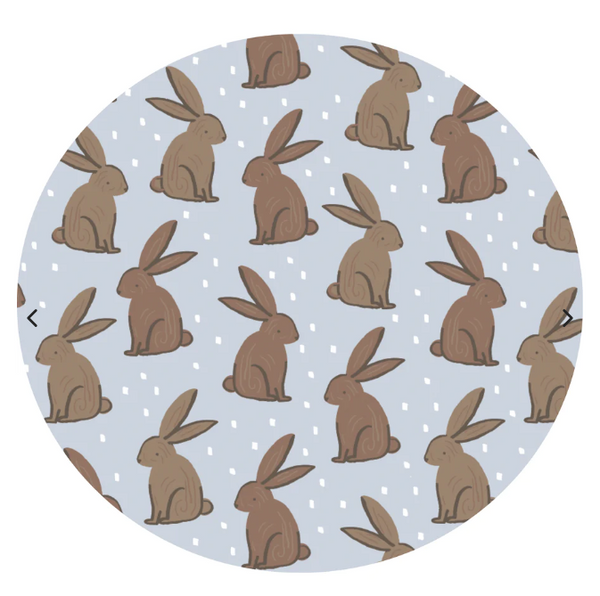 blue background with brown chocolate bunnies