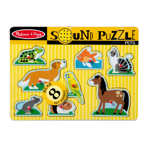 Peg Sound Puzzle with common household pet figures. dog cat horse frog and more