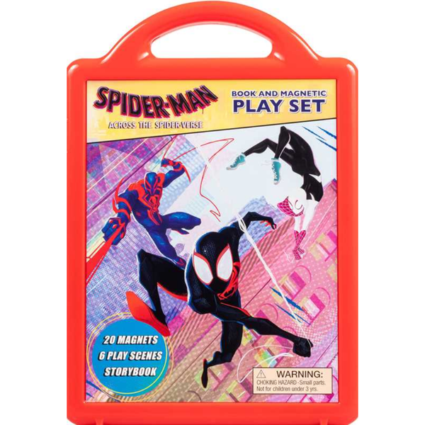 Spider-Man Across the Spider-Verse magnetic play set with Miles Morales, magnets, play scenes, and red carry case.