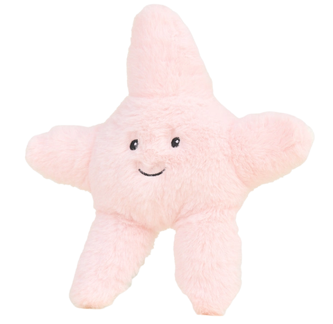 Pink star-shaped plush wrmie with a smiling face on a white background