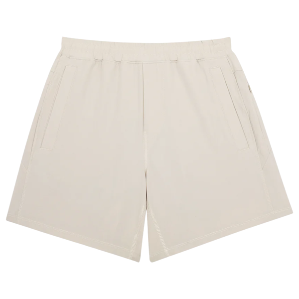 Boys stone khaki shorts with elastic waistband, side pockets, and back zipper pocket shown on white background.