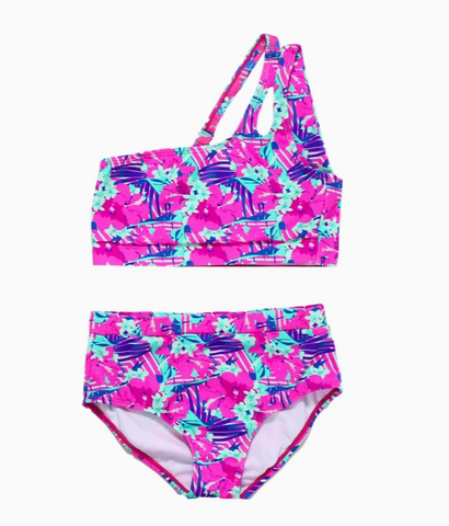 tween swimsuit, one shoulder strappy top with modest bottoms in a bright fuchsia,purple and mint print