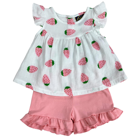 Muslin flutter sleeve top with strawberry print and solid pink ruffled shorts to match