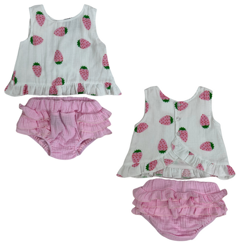 2pc muslin infant bloomer set, printed strawberry sleevelss top  with a solid pink ruffled bloomer
