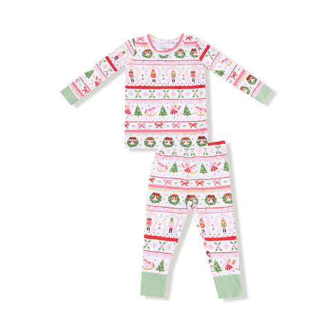 Sugar Plum Fairy Nutcracker Fair Isle pink loungewear set with long sleeve top and matching pants featuring holiday-themed illustrations

