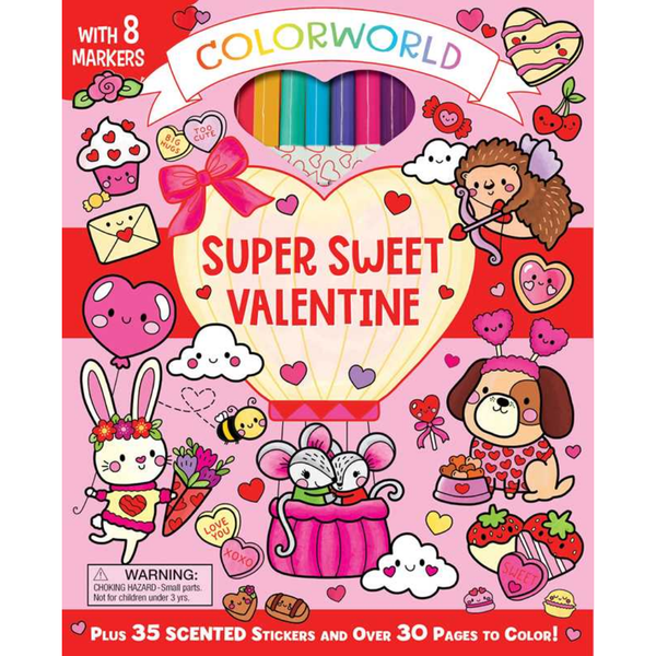 Colorworld Super Sweet Valentine coloring book with markers on a pink background