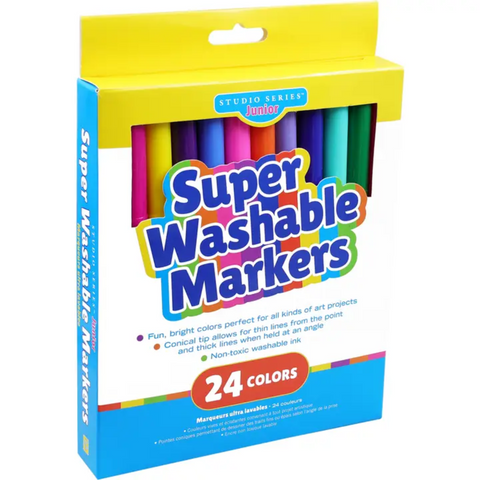 A box of Studio Series Junior Super Washable Markers, featuring 24 vibrant colors. The packaging highlights the conical tip, non-toxic ink, and washable properties.