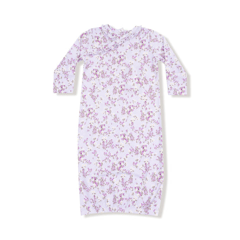 Lavender kimono-style baby gown with floral print, ruffle neckline, long sleeves, and elastic bottom hem for easy dressing.

