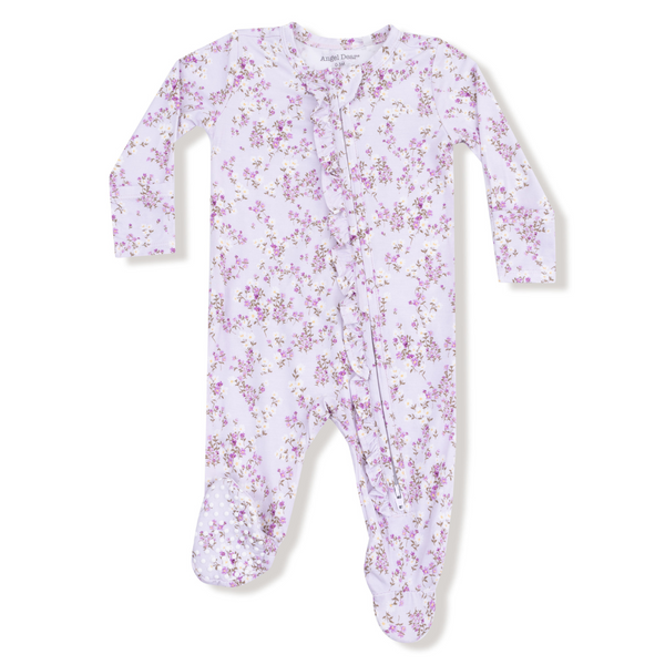 Lavender baby girl footie with floral print, ruffle zipper, footed bottoms, and ruffled back detail, made from soft bamboo fabric.


