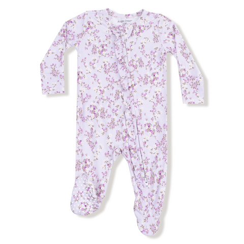 Lavender baby girl footie with floral print, ruffle zipper, footed bottoms, and ruffled back detail, made from soft bamboo fabric.

