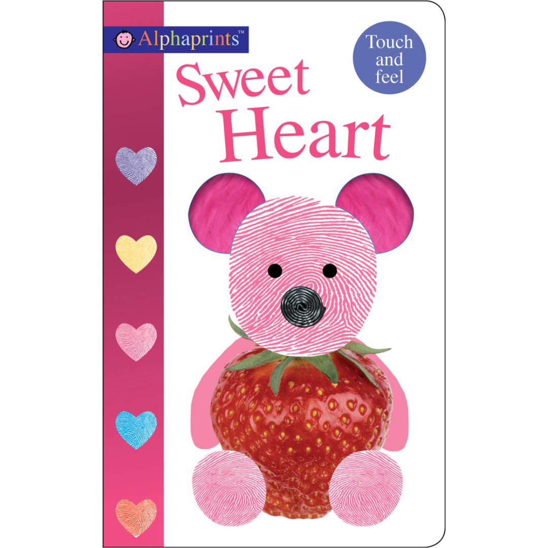 Children's book titled 'Sweet Heart' with a bear on a strawberry cover, featuring hearts on a pink background.