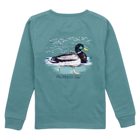 Boys’ marine green long sleeve shirt with graphic of a mallard duck swimming in water and Properly Tied logo below

