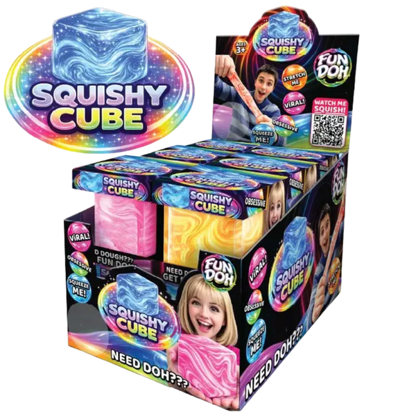 Fun Doh Squishy Cube sensory fidget toy display featuring colorful marble-pattern squishy cubes in assorted colors.